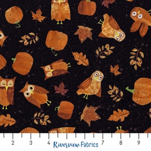 Owls and Pumpkins Fabric By the Yard, Dark Brown, Haunted Hallow Collection, Clothworks, 100% Quilting Cotton, Fat Quarters