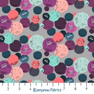May include: A gray fabric with a repeating pattern of colorful circles with different facial expressions. The circles are outlined in black and have a distressed look.