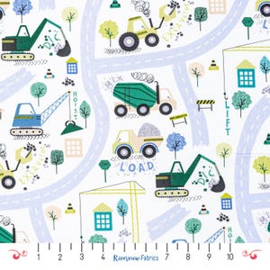Construction Site Fabric by the Yard, White, Dig It Collection, Dear Stella, 100% Quilting Cotton, Fat Quarters