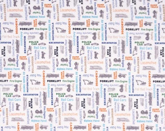 Trucks and Vehicles Fabric by the Yard, White, Let's Go Collection, Clothworks, 100% Quilting Cotton, Fat Quarters