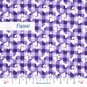 Pawprints and Bones on Plaid Flannel Fabric by the Yard, Purple, 100% Cotton