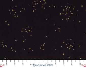 Black with Metallic Gold Stars Fabric by the Yard, Cotton+Steel Basics - Freckles, Blenders, 100% Quilting Cotton, Fat Quarters