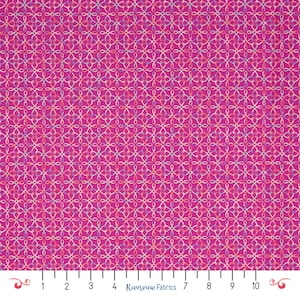 May include: Hot pink fabric with a repeating pattern of intertwined, ribbon-like shapes in shades of white, pink, and yellow. The fabric has a grid-like design, with a ruler along the bottom edge. The text "Riverview Fabrics" is visible.