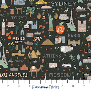 Tessuto Rifle Paper Co. tagliato su misura, tessuto da viaggio, nero, collezione Bon Voyage, 100% cotone per trapuntatura, Fat Quarters, Wanderlust