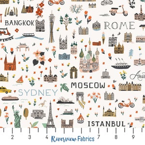 May include: A white fabric with a repeating pattern of colorful illustrations of landmarks and transportation from cities around the world. The cities include Bangkok, Rome, Los Angeles, Venice, Istanbul, Moscow, Sydney, Amsterdam, and Athens. The fabric also features flowers, trees, and other decorative elements.