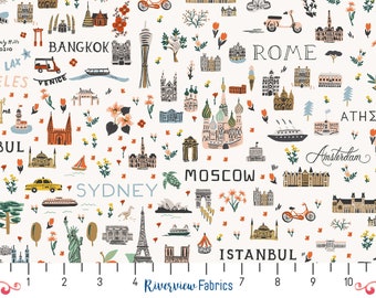 Rifle Paper Co. Fabric by the Yard, White, Bon Voyage Collection, Travel Fabric, 100% Quilting Cotton, Fat Quarters