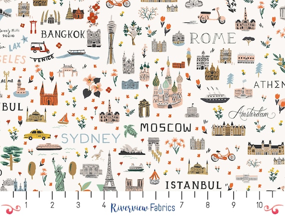 Travel Fabric by the Yard, White, Quilting Cotton, Bon Voyage Collection, Rifle Paper Co.