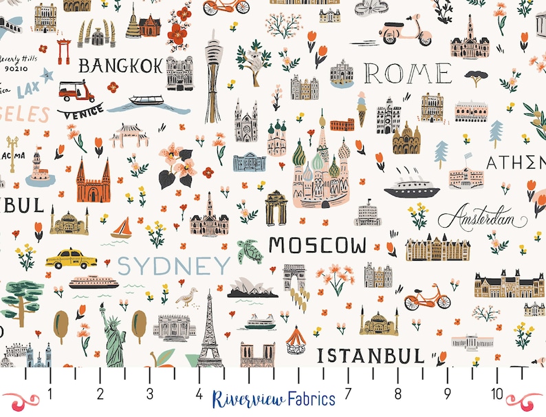 May include: A white fabric with a repeating pattern of colorful illustrations of landmarks and transportation from cities around the world. The cities include Bangkok, Rome, Los Angeles, Venice, Istanbul, Moscow, Sydney, Amsterdam, and Athens. The fabric also features flowers, trees, and other decorative elements.