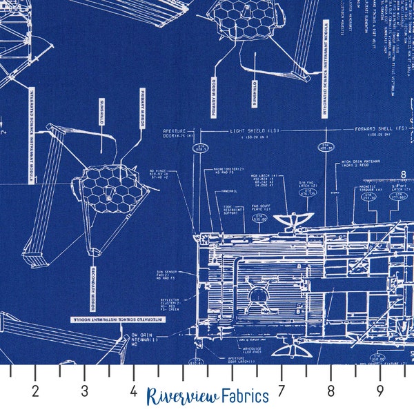 Satellite Blueprints Fabric by the Yard, Blue, The Hidden Universe, RJR Fabrics, Digitally Printed, Quilting Cotton, Fat Quarters
