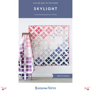 May include: A quilt pattern named "Skylight" by Cotton and Joy Patterns. The image displays a finished quilt with a geometric design in red, pink, white, grey, and blue. A second quilt in purple and pink is draped over a wooden ladder.