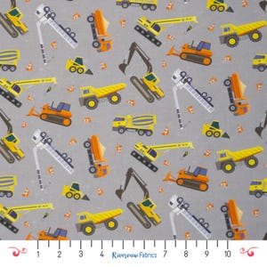 Construction Trucks Fabric by the Yard, Gray, Let&#39;s Go Collection, Clothworks, 100% Quilting Cotton, Fat Quarters