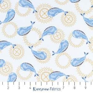 Whale Fabric by the Yard, White/Blue/Yellow, Wave and Sea, RJR Fabrics, Quilting Cotton, Fat Quarters