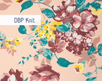 Gebreide jersey stof met bloemenprint, op maat gesneden, perzik/blauwgroen/geel/kastanjebruin, dubbel geborsteld polyester, stoffenhandel, jurkstof, kledingstof