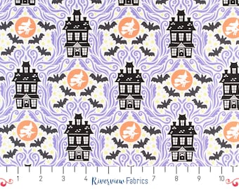 Halloween Haunted House, Witches, Bats Fabric by the Yard, Purple/Black/Orange, School of Magic, Cotton+Steel, Quilting Cotton, Fat Quarters