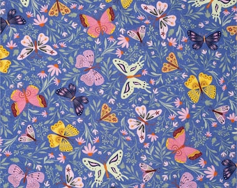 Butterfly Fabric by the Yard: Quilting Cotton, Blue, Flutter Blooms Collection, P&B Textiles