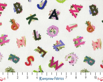 Alphabet Fabric by the Yard, White Background, Dear Stella, 100% Quilting Cotton, Fat Quarters, Alphabet Flowers, Floral Fabric