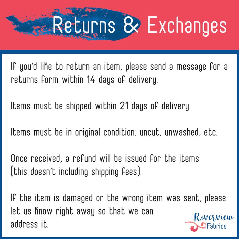 Puede incluir: Un gr&aacute;fico con el texto "Returns & Exchanges" en blanco sobre un fondo rojo y azul. El texto proporciona informaci&oacute;n sobre devoluciones, incluido el plazo y el estado de los art&iacute;culos.