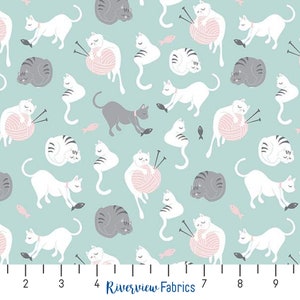 Cat Fabric by the Yard, Blue, Purrfect Day Collection, Riley Blake Designs, 100% Quilting Cotton, Fat Quarters, Cats with Yarn Balls