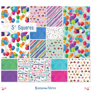 Puede incluir: Un conjunto de 12 cuadrados de tela, cada uno de 12,7 cm, con varios diseños de temática de cumpleaños. Los diseños incluyen globos, confeti, cupcakes y texto que celebra los cumpleaños. Los cuadrados son perfectos para acolchar, manualidades y otros proyectos creativos.