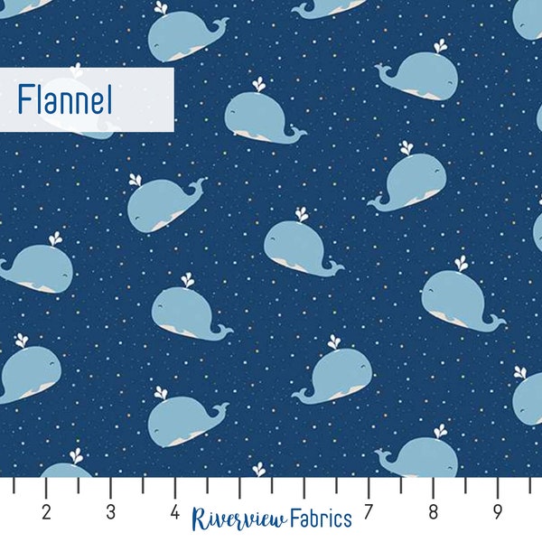Whales Flannel Fabric by the Yard, Navy Blue/Light Blue, Riley Blake Designs, Soft and Cozy, Ocean Animals