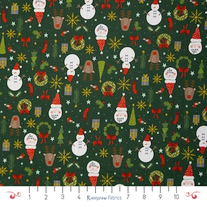 Kerststof op maat gesneden, groen, Christmas Lane Collection, RJR Fabrics, 100% quiltkatoen, Fat Quarters, sneeuwpoppen, kerstman, kransen