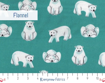 Polar Bear Flannel by the Yard, Teal, Northerly Collection, Cloud9 Fabrics, GOTS Certified Organic Cotton, Arctic Animals, Winter, Cozy