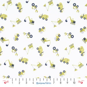 Construction Trucks Fabric by the Yard, White, Dig It Collection, Dear Stella, 100% Quilting Cotton, Fat Quarters