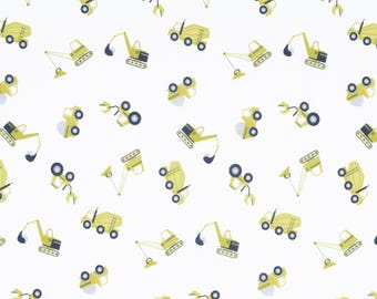 Construction Trucks Fabric by the Yard, White, Dig It Collection, Dear Stella, 100% Quilting Cotton, Fat Quarters