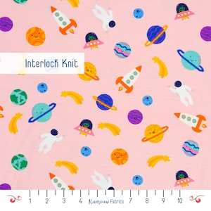 Outer Space Knit Fabric by the Yard, Pink, 100% Cotton, Interlock Knit, Apparel Fabric