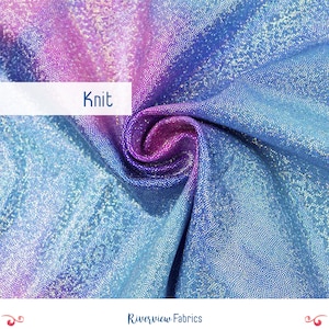 May include: Close-up of a shimmering knit fabric with a gradient of colors, transitioning from purple to blue. The fabric has a textured, dotted appearance. The word "Knit" is displayed on a white rectangle. The Riverview Fabrics logo is at the bottom.