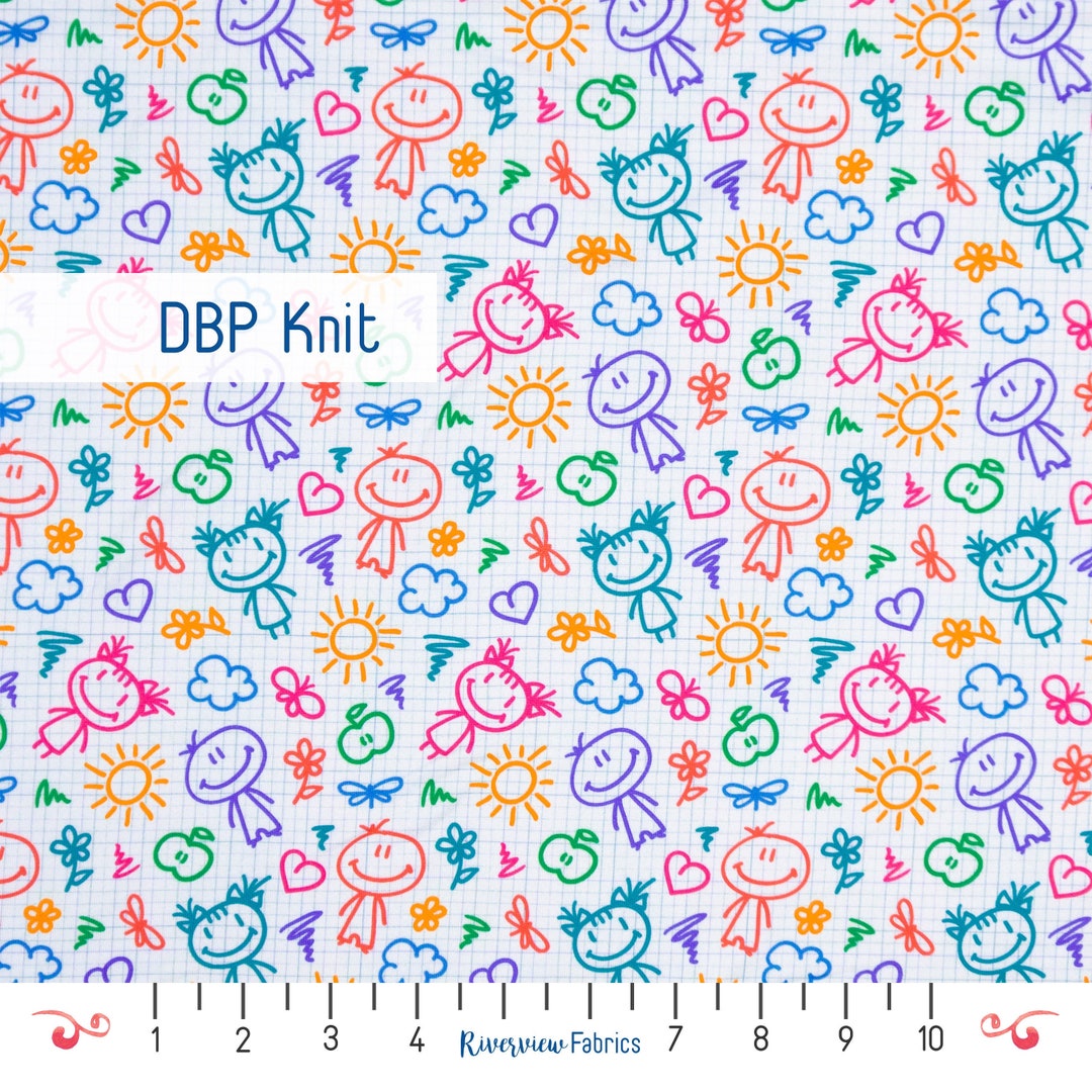 Kids Doodles Jersey Knit Fabric by the Yard, Double Brushed Polyester ...