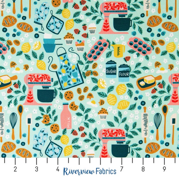 Baking Fabric by the Yard, Light Blue, Baker Tools and Ingredients, Cookies/Bread/Cupcakes, RJR Fabrics, 100% Quilting Cotton, Fat Quarters