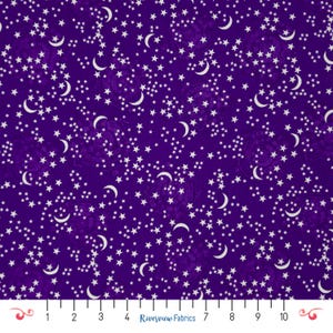 Tissu lune et étoiles par mètre, violet et phosphorescente, collection Happy Hauntings, Benartex, coton à courtepointe, Fat Quarters