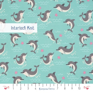 Dolphin Knit Fabric by the Yard, Blue, 100% Cotton, Interlock Knit, Apparel Fabric