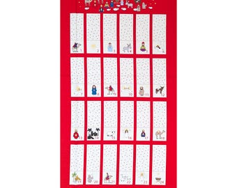 May include: A red Advent calendar with 24 numbered pockets, each featuring a different Christmas-themed illustration. The top border has angels, stars, and camels. The text "Riverview Fabrics" is at the bottom.