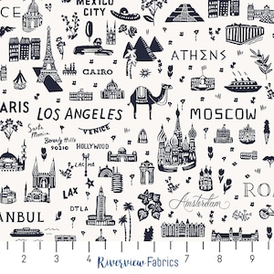 Tessuto Rifle Paper Co tagliato su misura, collezione Bon Voyage, tessuto da viaggio, bianco e blu navy, 100% cotone per trapuntatura, quarti di grasso