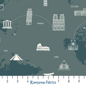 Map Fabric by the Yard, Teal, My Heritage Collection, Riley Blake Designs, 100% Quilting Cotton, Fat Quarters, World Landmarks
