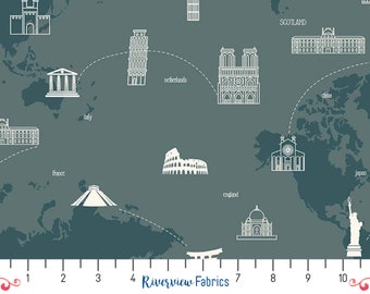 Map Fabric by the Yard, Teal, My Heritage Collection, Riley Blake Designs, 100% Quilting Cotton, Fat Quarters, World Landmarks