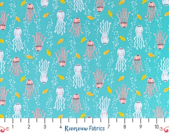 Jellyfish, Octopus, and Fish Fabric by the Yard, Turquoise/Pink/Yellow, Wave and Sea, RJR Fabrics, Quilting Cotton, Fat Quarters