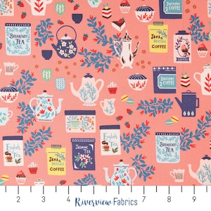 Coffee & Tea Fabric by the Yard, Teapots, Teacups, Cupcake, Strawberry, Peach Background, RJR Fabrics, 100% Quilting Cotton, Fat Quarters