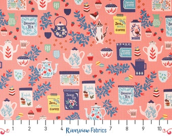 Coffee & Tea Fabric by the Yard, Teapots, Teacups, Cupcake, Strawberry, Peach Background, RJR Fabrics, 100% Quilting Cotton, Fat Quarters