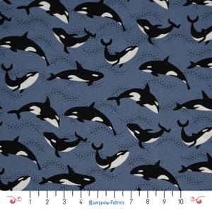 Tessuto Orca tagliato su misura, blu, collezione Alaska, Riley Blake Designs, 100% cotone per trapuntatura, quarti di stoffa