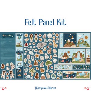 Puede incluir: Un kit de paneles de fieltro con una variedad de recortes de fieltro coloridos. El kit incluye una regla, personas, animales, árboles, montañas, arcoíris y otras formas con temática de la naturaleza. El texto "Felt Panel Kit" se muestra en la parte superior.