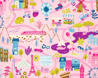 Travel Fabric By the Yard, Pink, Quilting Cotton, The Genesis of a Journey Collection, Riley Blake