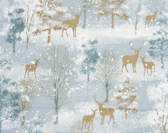 Tessuto Winter Forest tagliato su misura, cotone per trapuntatura, collezione Winter Whispers