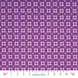 May include: Purple fabric with a repeating pattern of light purple squares and circles. The fabric has a ruler along the bottom edge with measurements in inches. The text "Riverview Fabrics" is printed on the bottom edge.