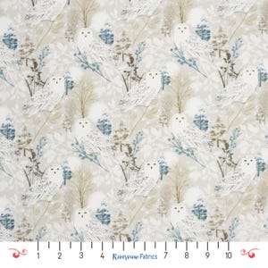 May include: A fabric pattern featuring white snowy owls with yellow eyes, set against a backdrop of winter foliage in shades of grey, blue, and tan. The design includes stylized trees and leaves, creating a nature-inspired theme.