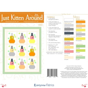 May include: A quilting pattern called "Just Kitten Around" featuring a colourful design of cats and pumpkins. The pattern includes instructions for fabric requirements and cutting instructions. The finished quilt size is 69" x 64" and the finished pieced block is 19" x 20".