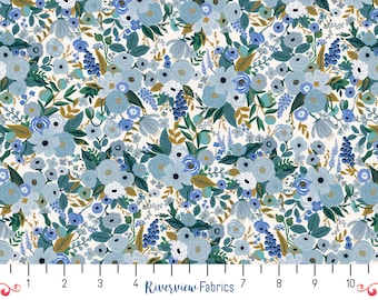 Rifle Paper Floral Fabric by the Yard, Blue, Quilting Cotton, Garden Party Collection