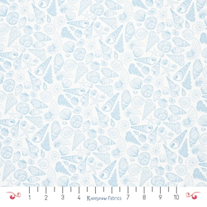 May include: White fabric with a repeating pattern of light blue seashells and starfish. The design features various shell shapes and sizes, creating a textured, ocean-themed print. The fabric is marked with a ruler and the text "Riverview Fabrics".